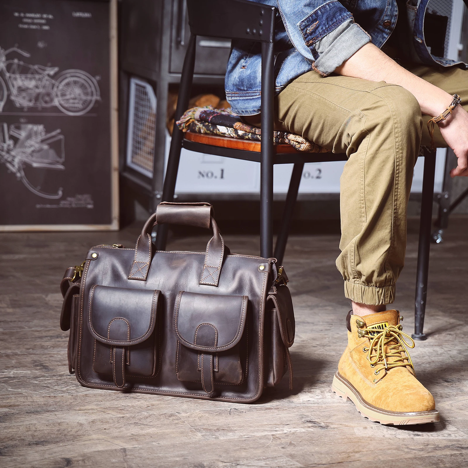 S.WORKER Vintage Genuine Leather Men's Briefcase 14" Laptop Bags Crazy Horse Leather Messenger Handbag Cowhide Idea Gift For Men