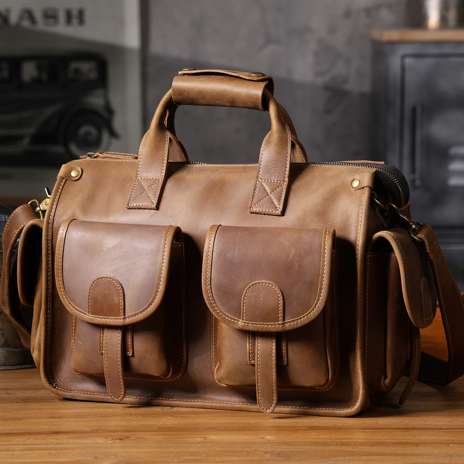 S.WORKER Vintage Genuine Leather Men's Briefcase 14" Laptop Bags Crazy Horse Leather Messenger Handbag Cowhide Idea Gift For Men