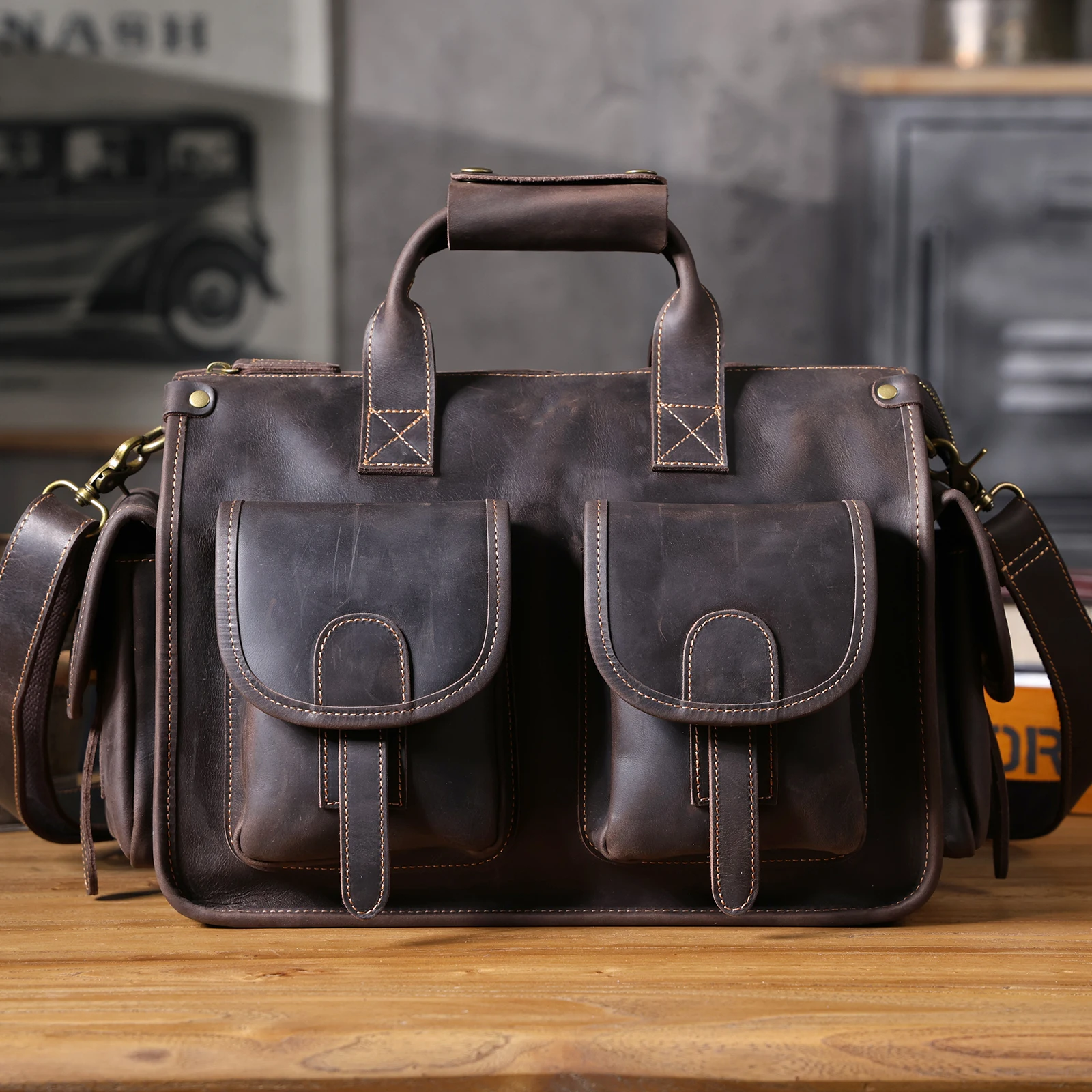 S.WORKER Vintage Genuine Leather Men's Briefcase 14" Laptop Bags Crazy Horse Leather Messenger Handbag Cowhide Idea Gift For Men