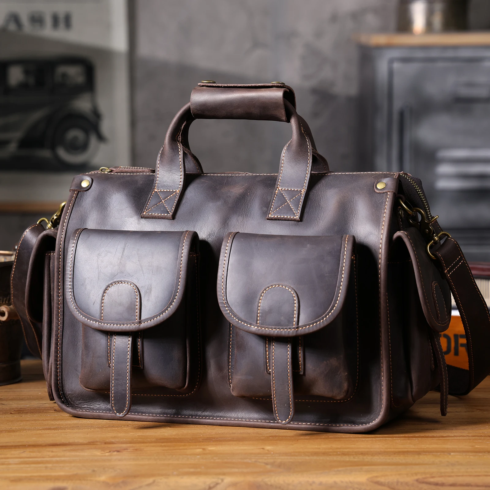 S.WORKER Vintage Genuine Leather Men's Briefcase 14" Laptop Bags Crazy Horse Leather Messenger Handbag Cowhide Idea Gift For Men