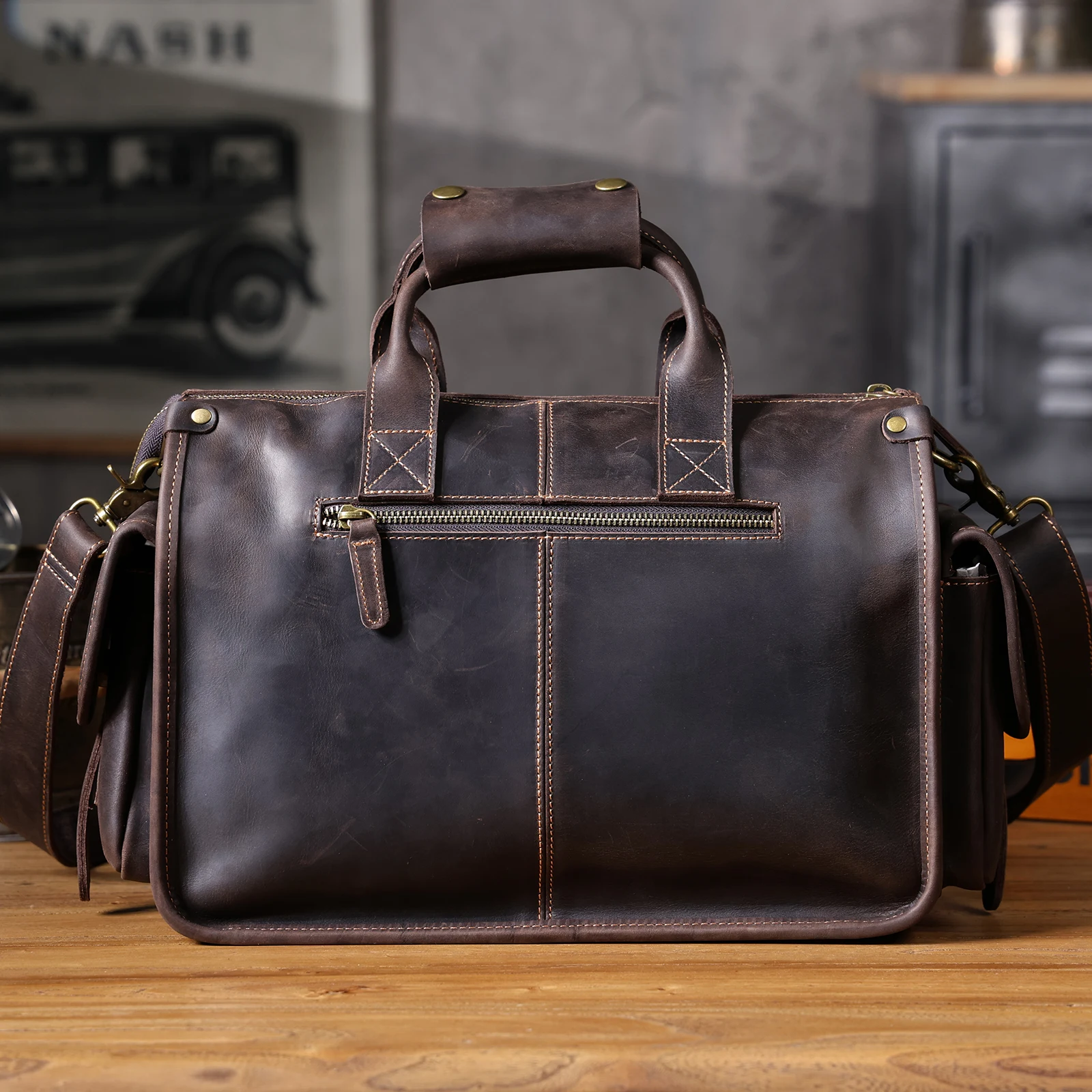 S.WORKER Vintage Genuine Leather Men's Briefcase 14" Laptop Bags Crazy Horse Leather Messenger Handbag Cowhide Idea Gift For Men