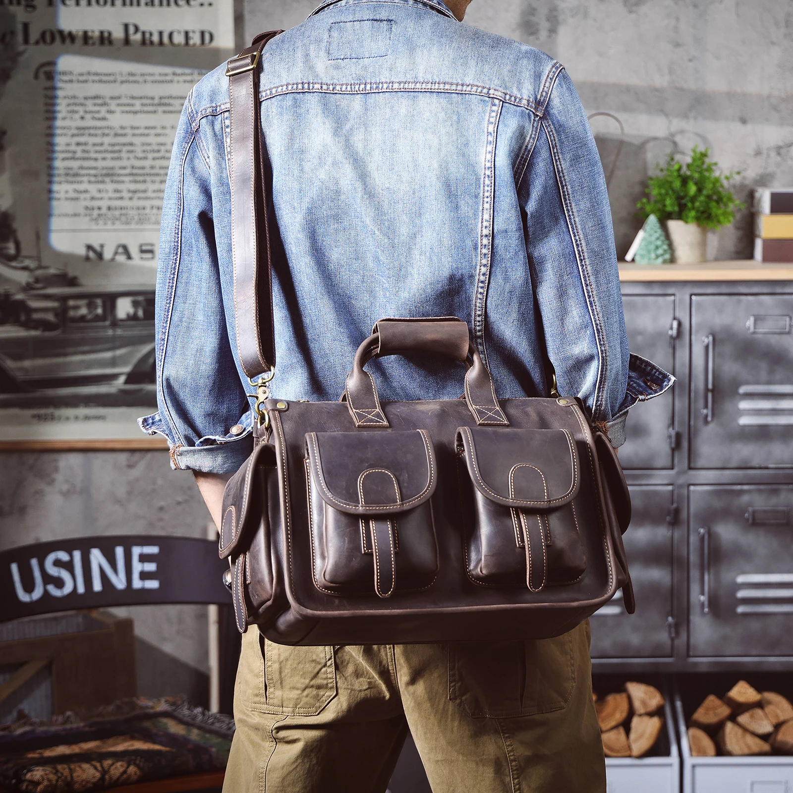 S.WORKER Vintage Genuine Leather Men's Briefcase 14" Laptop Bags Crazy Horse Leather Messenger Handbag Cowhide Idea Gift For Men
