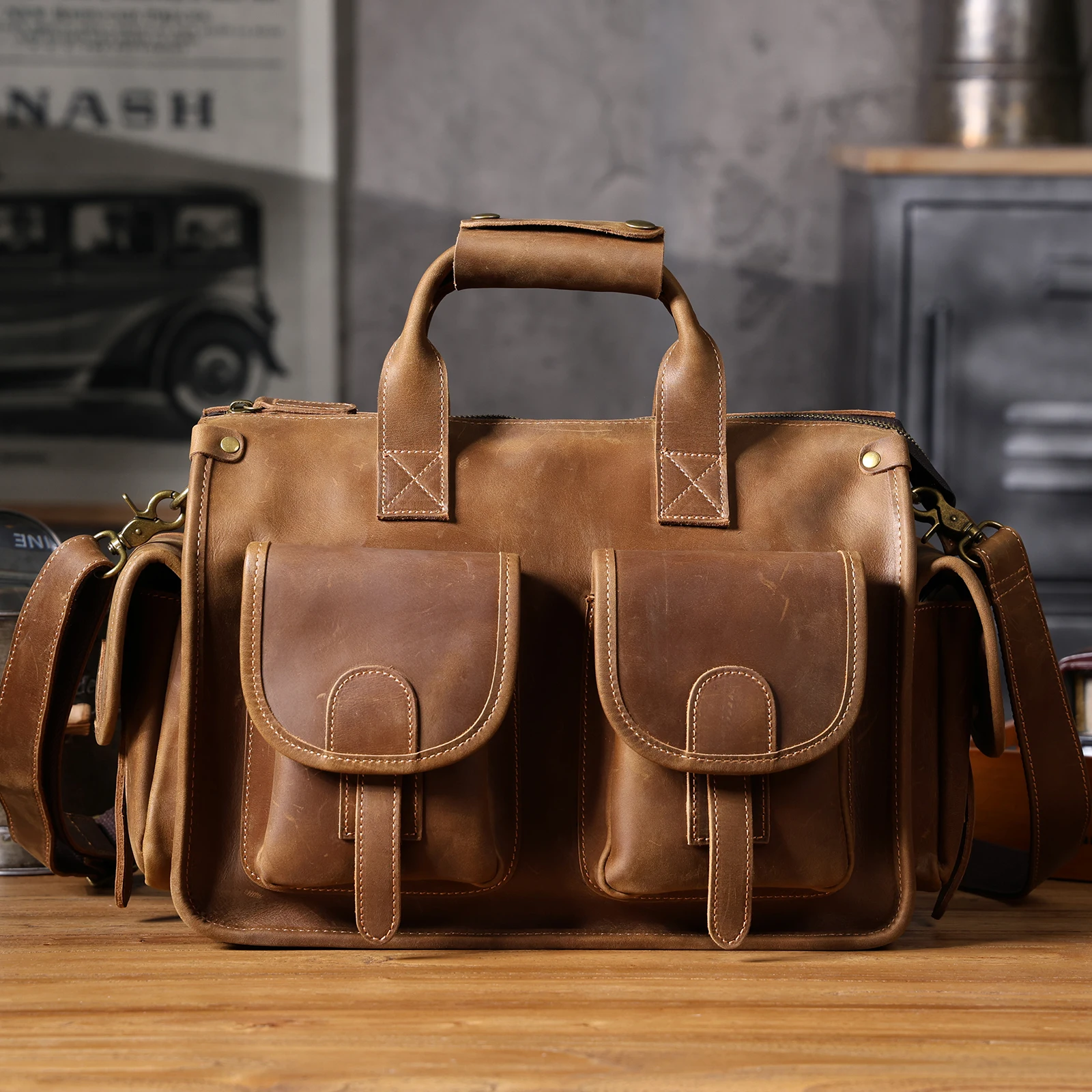 S.WORKER Vintage Genuine Leather Men's Briefcase 14" Laptop Bags Crazy Horse Leather Messenger Handbag Cowhide Idea Gift For Men