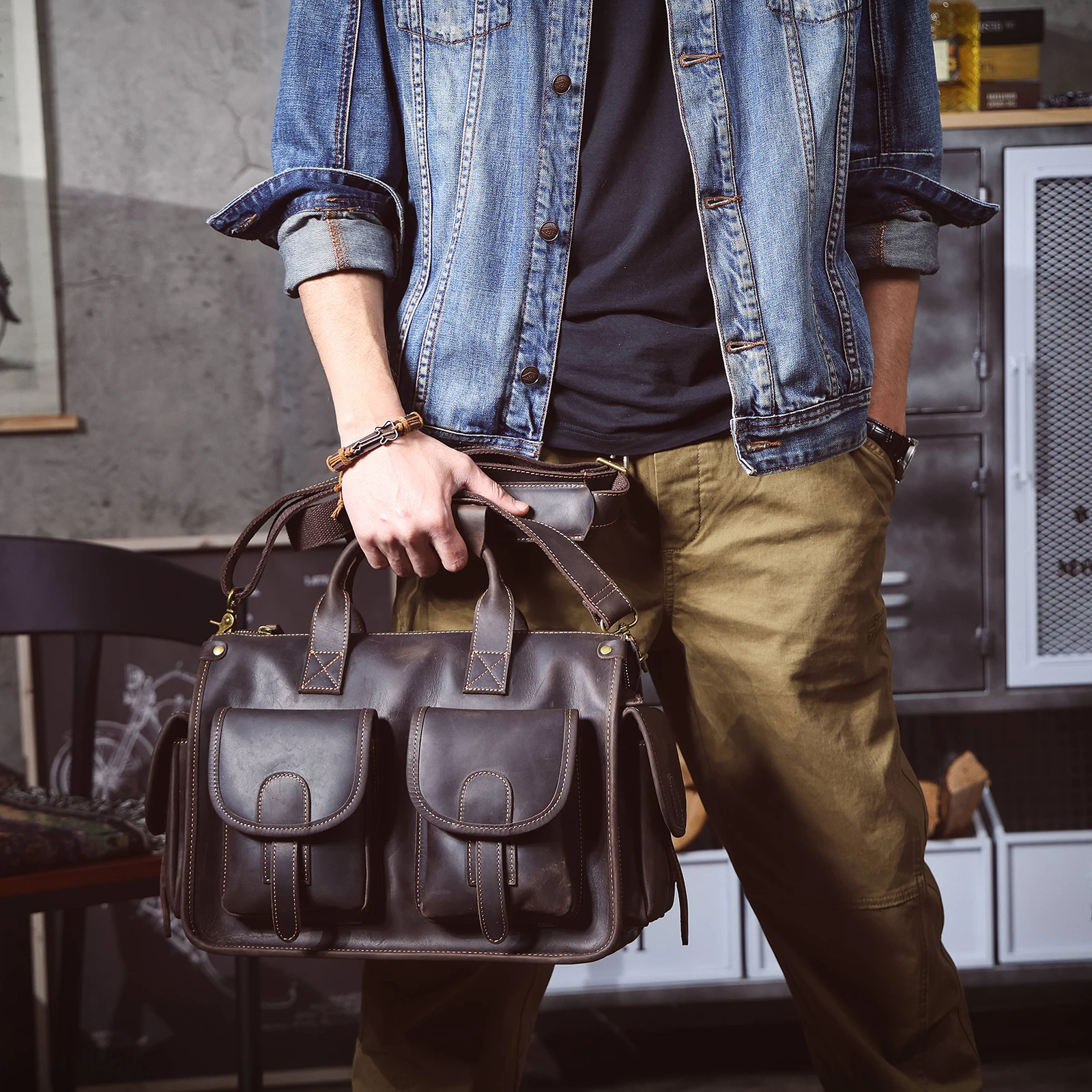 S.WORKER Vintage Genuine Leather Men's Briefcase 14" Laptop Bags Crazy Horse Leather Messenger Handbag Cowhide Idea Gift For Men