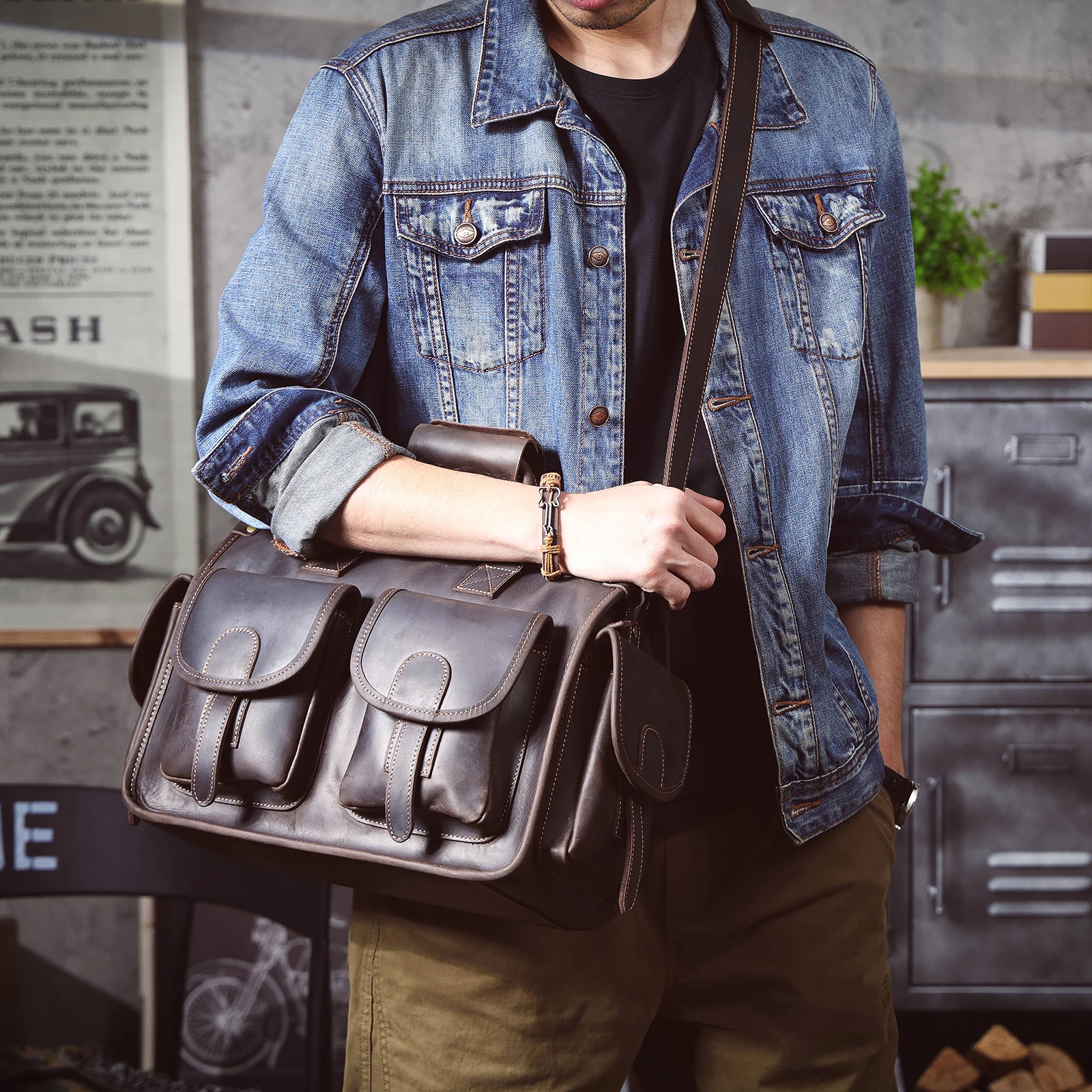 S.WORKER Vintage Genuine Leather Men's Briefcase 14" Laptop Bags Crazy Horse Leather Messenger Handbag Cowhide Idea Gift For Men