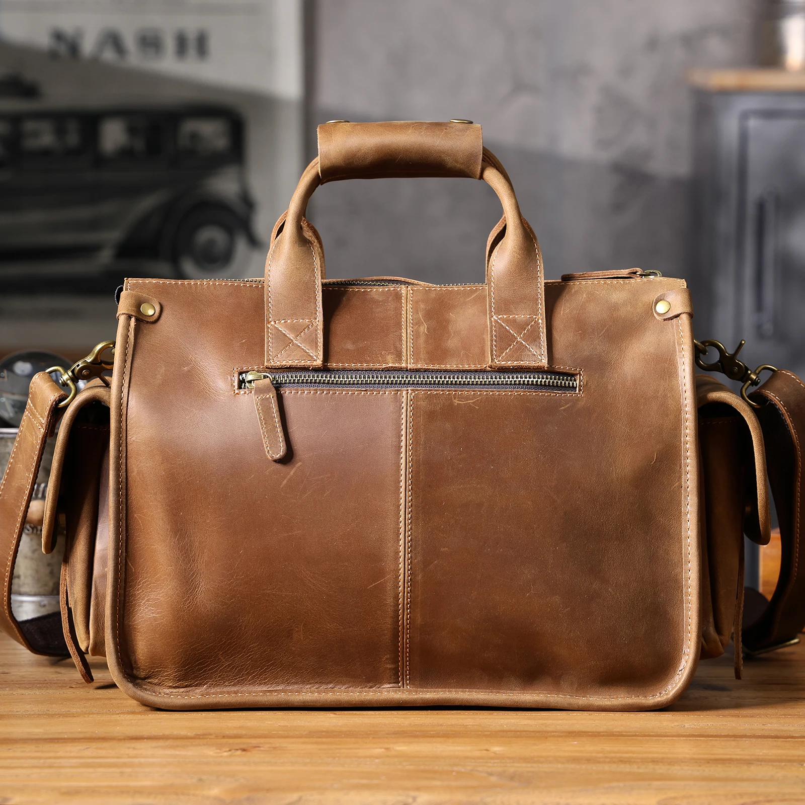 S.WORKER Vintage Genuine Leather Men's Briefcase 14" Laptop Bags Crazy Horse Leather Messenger Handbag Cowhide Idea Gift For Men