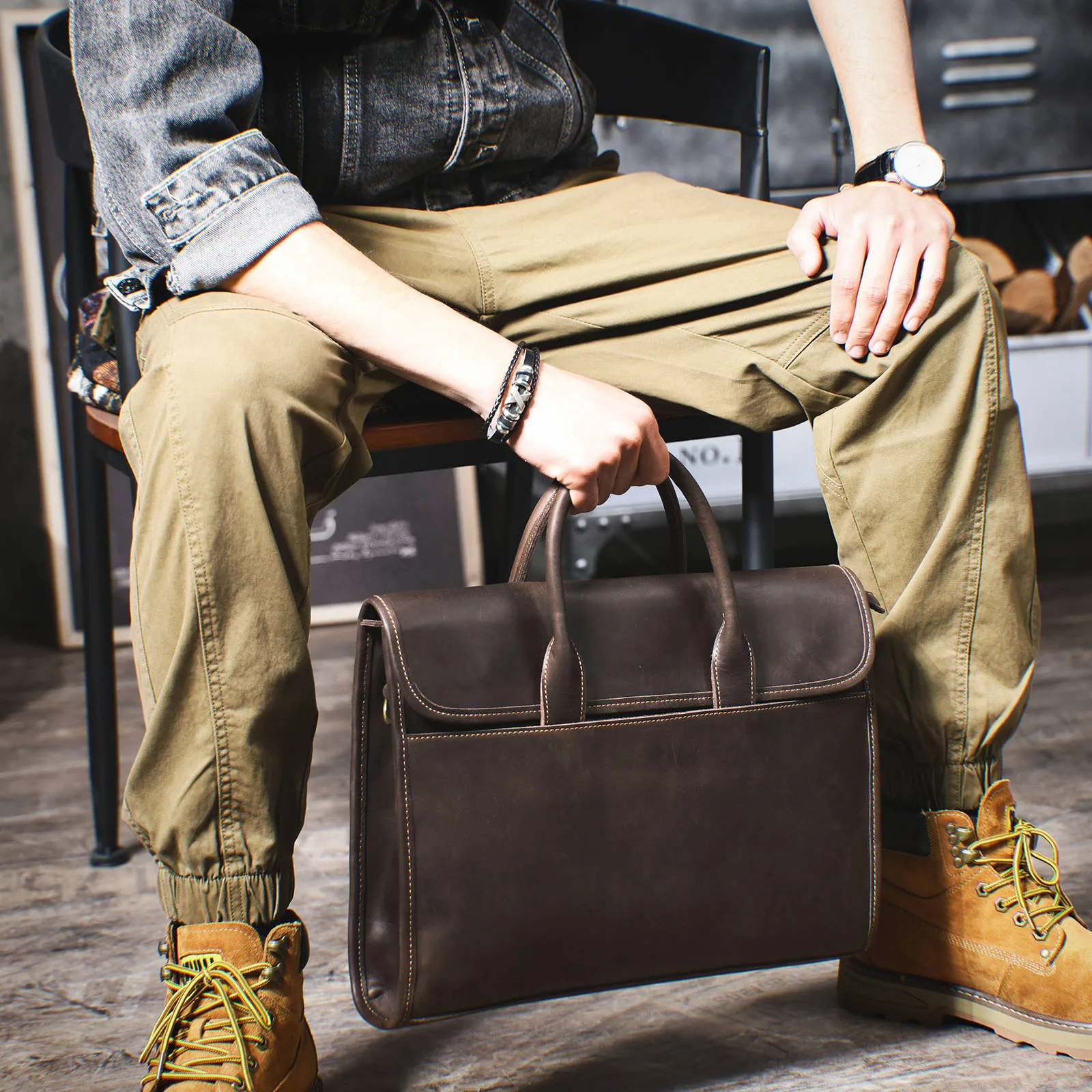 Vintage Men's Genuine Leather Briefcase 14' Laptop Bag, Messenger Bags For Work Business Crazy Horse Cowhide Handbag