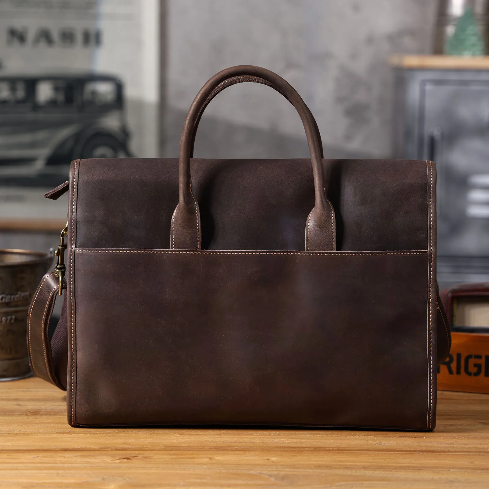 Vintage Men's Genuine Leather Briefcase 14' Laptop Bag, Messenger Bags For Work Business Crazy Horse Cowhide Handbag