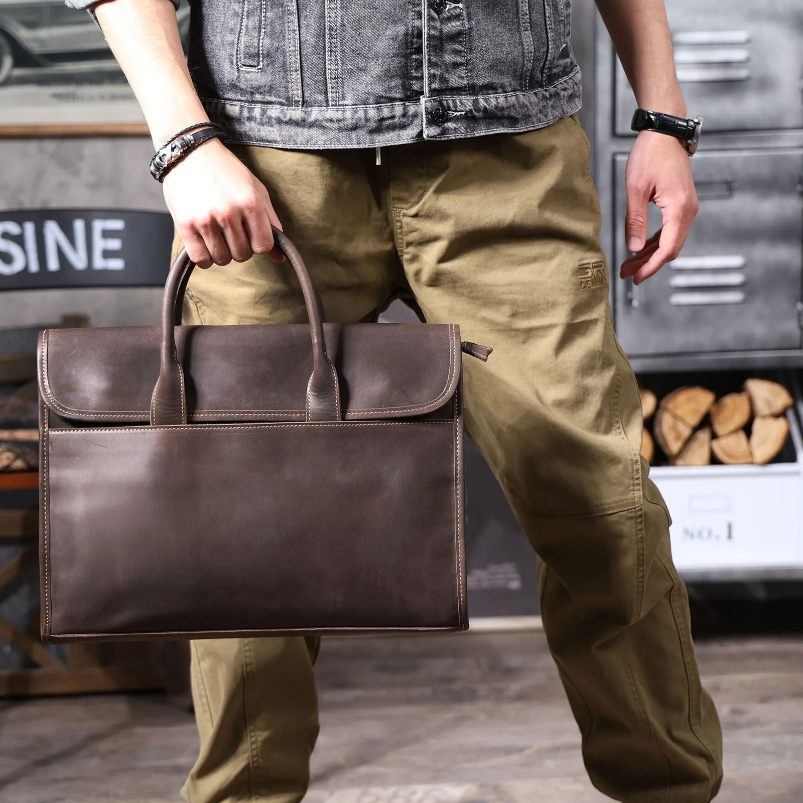 Vintage Men's Genuine Leather Briefcase 14' Laptop Bag, Messenger Bags For Work Business Crazy Horse Cowhide Handbag