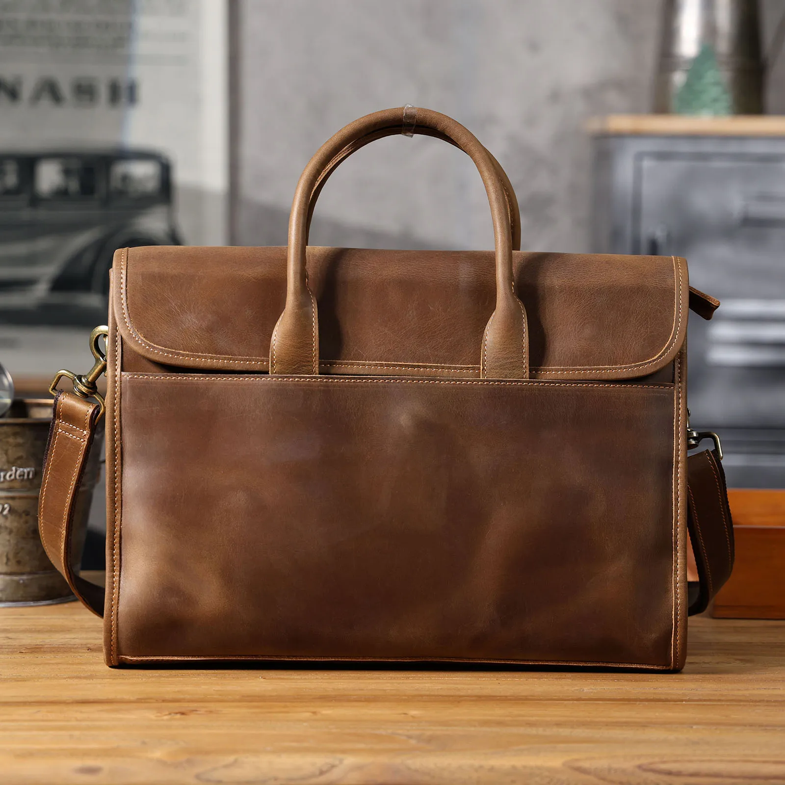 Vintage Men's Genuine Leather Briefcase 14' Laptop Bag, Messenger Bags For Work Business Crazy Horse Cowhide Handbag