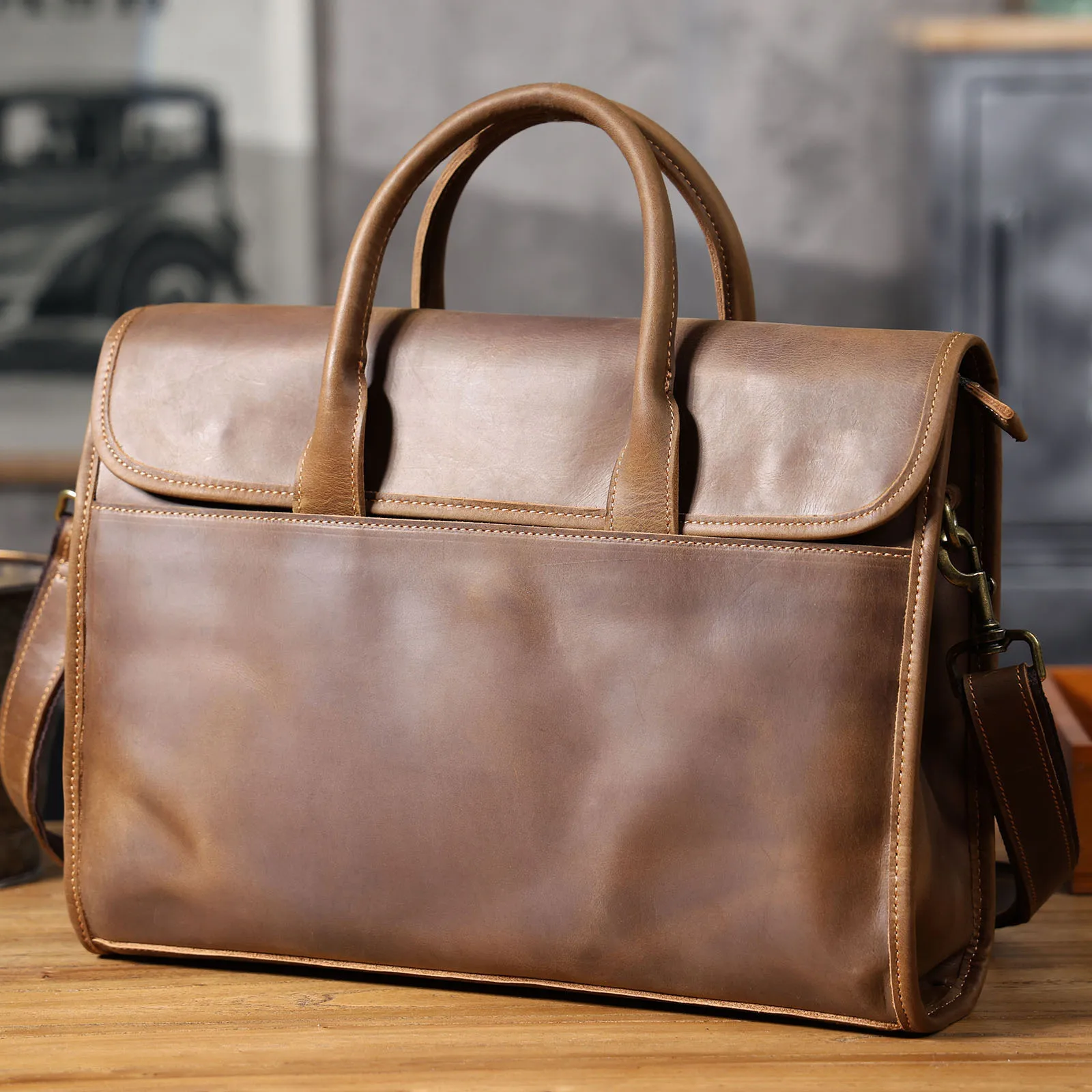 Vintage Men's Genuine Leather Briefcase 14' Laptop Bag, Messenger Bags For Work Business Crazy Horse Cowhide Handbag