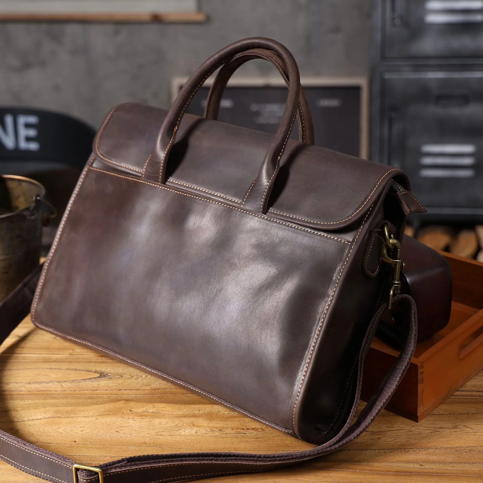 Vintage Men's Genuine Leather Briefcase 14' Laptop Bag, Messenger Bags For Work Business Crazy Horse Cowhide Handbag