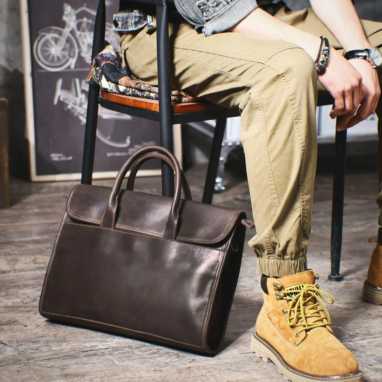 Vintage Men's Genuine Leather Briefcase 14' Laptop Bag, Messenger Bags For Work Business Crazy Horse Cowhide Handbag