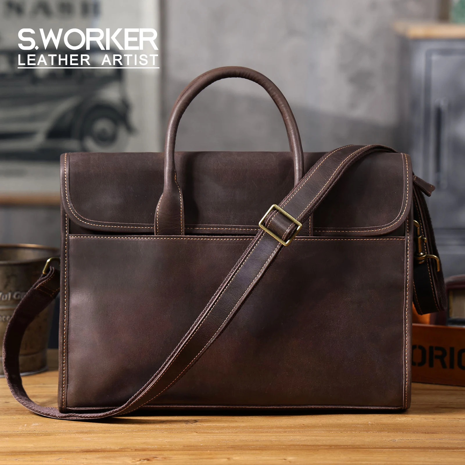 Vintage Men's Genuine Leather Briefcase 14' Laptop Bag, Messenger Bags For Work Business Crazy Horse Cowhide Handbag