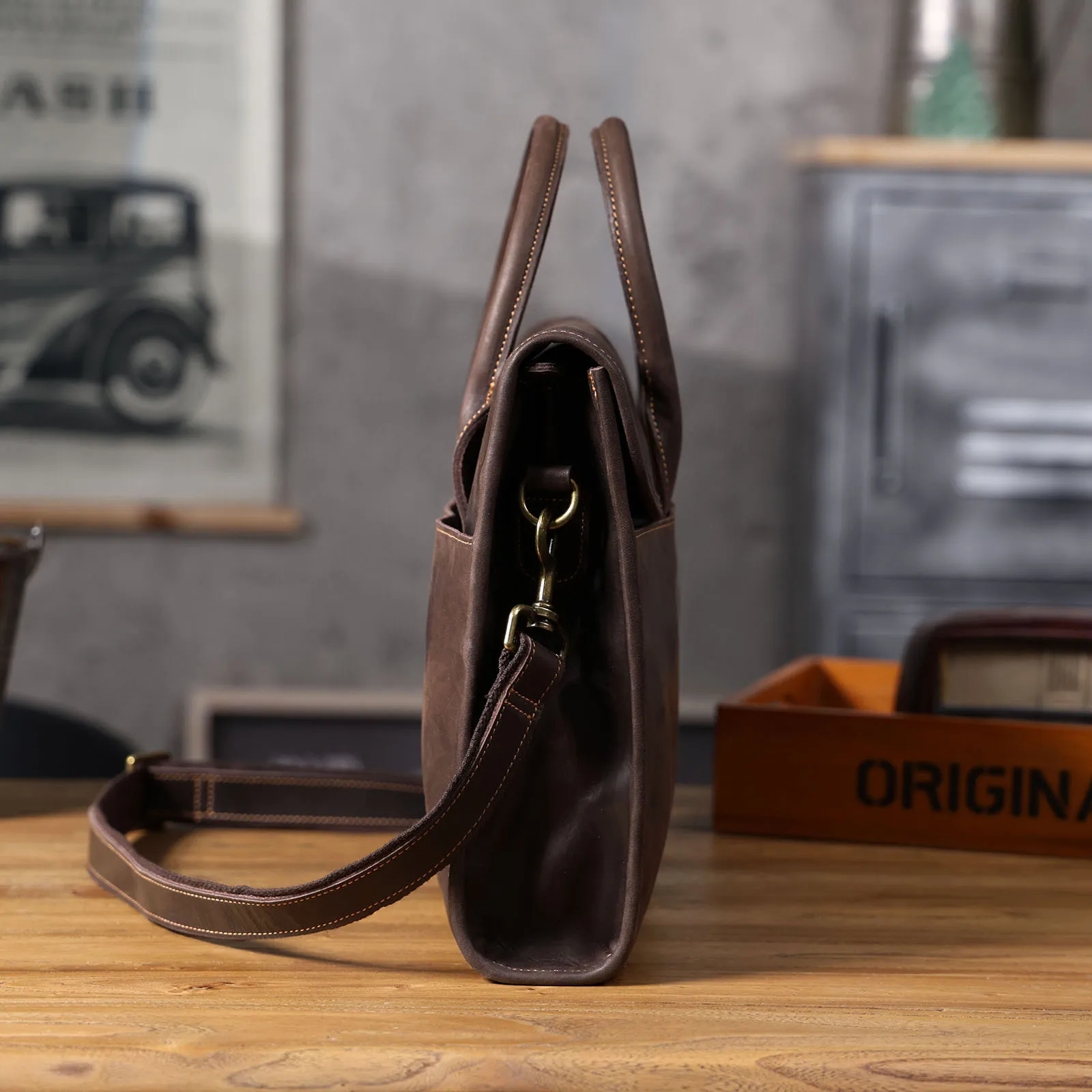 Vintage Men's Genuine Leather Briefcase 14' Laptop Bag, Messenger Bags For Work Business Crazy Horse Cowhide Handbag