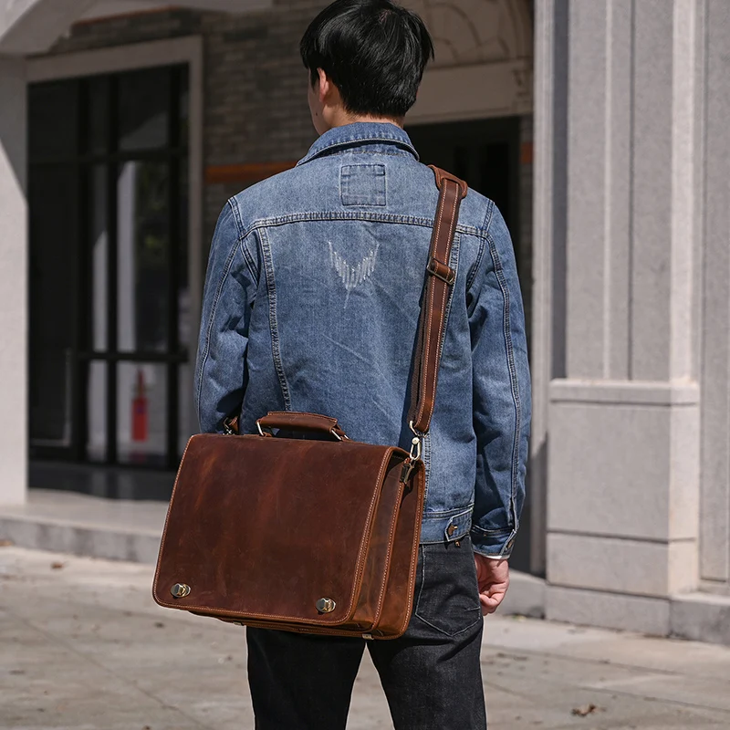 Luufan Men's Laptop Briefcase Genuine Leather Handbag Casual Daily Working Tote Male Computer Bag Shoulder Bags For A4 Documents