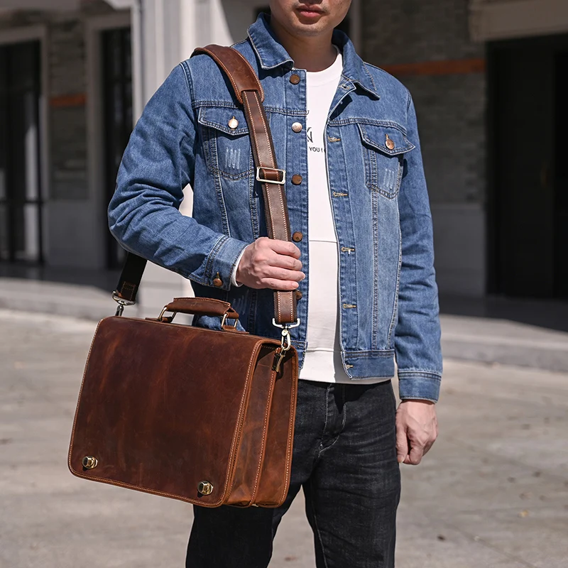 Luufan Men's Laptop Briefcase Genuine Leather Handbag Casual Daily Working Tote Male Computer Bag Shoulder Bags For A4 Documents