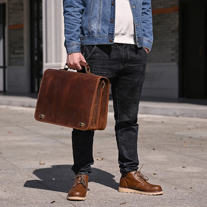 Luufan Men's Laptop Briefcase Genuine Leather Handbag Casual Daily Working Tote Male Computer Bag Shoulder Bags For A4 Documents