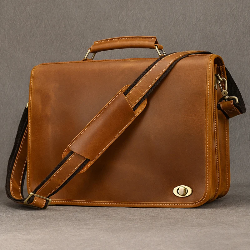 Luufan Men's Laptop Briefcase Genuine Leather Handbag Casual Daily Working Tote Male Computer Bag Shoulder Bags For A4 Documents