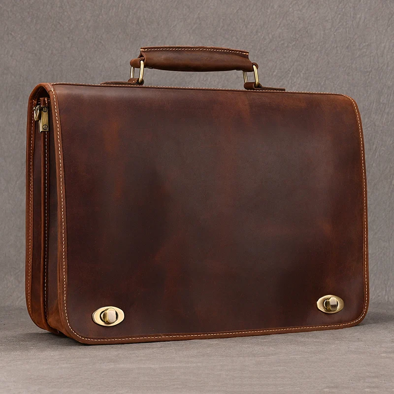 Luxury Fashion 100% Genuine Leather Men Briefcase Cow Leather Laptop Bag Vintage Shoulder Bag Real Cowhide Computer Bag 15.6"