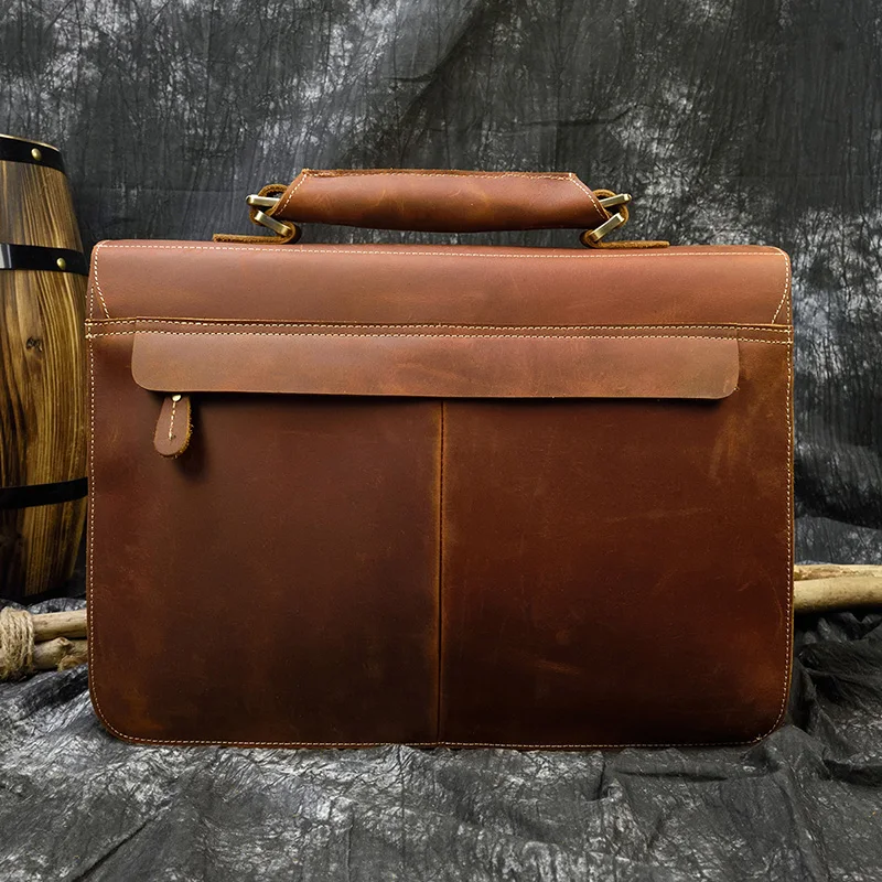 Luxury Fashion 100% Genuine Leather Men Briefcase Cow Leather Laptop Bag Vintage Shoulder Bag Real Cowhide Computer Bag 15.6"