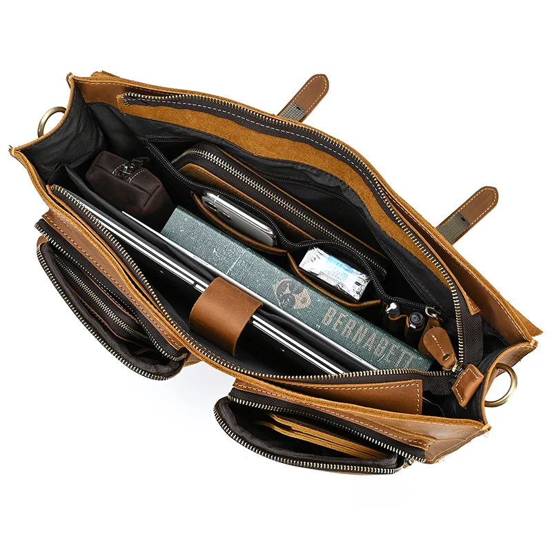 Luxury Fashion 100% Genuine Leather Men Briefcase Cow Leather Laptop Bag Vintage Shoulder Bag Real Cowhide Computer Bag 15.6"