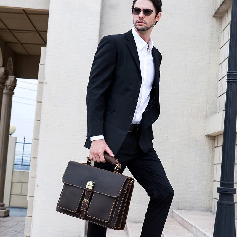 Luxury Fashion 100% Genuine Leather Men Briefcase Cow Leather Laptop Bag Vintage Shoulder Bag Real Cowhide Computer Bag 15.6"