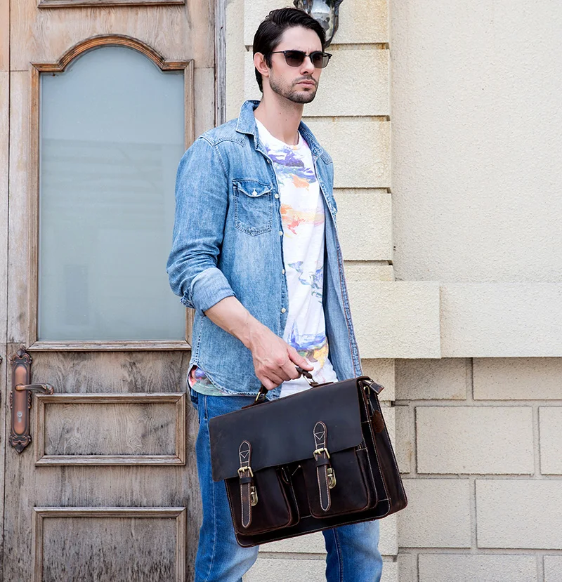 Luxury Fashion 100% Genuine Leather Men Briefcase Cow Leather Laptop Bag Vintage Shoulder Bag Real Cowhide Computer Bag 15.6"