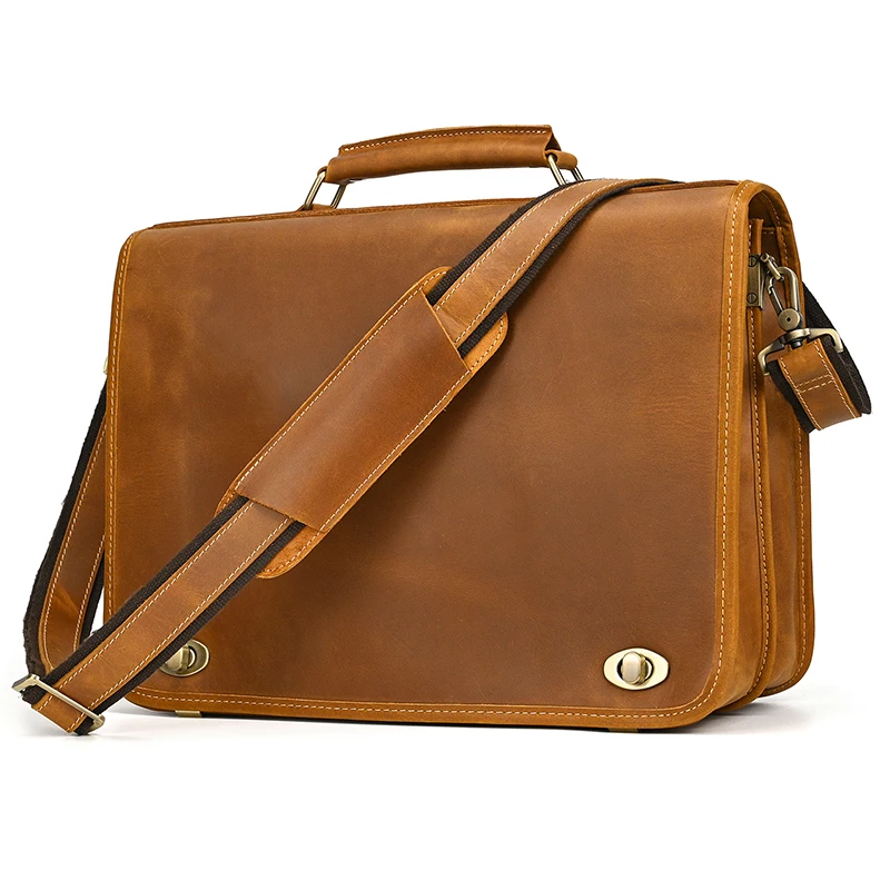 Luxury Fashion 100% Genuine Leather Men Briefcase Cow Leather Laptop Bag Vintage Shoulder Bag Real Cowhide Computer Bag 15.6"