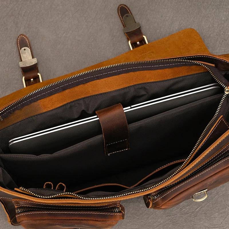 Luxury Fashion 100% Genuine Leather Men Briefcase Cow Leather Laptop Bag Vintage Shoulder Bag Real Cowhide Computer Bag 15.6"
