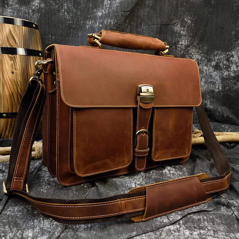 Luxury Fashion 100% Genuine Leather Men Briefcase Cow Leather Laptop Bag Vintage Shoulder Bag Real Cowhide Computer Bag 15.6"