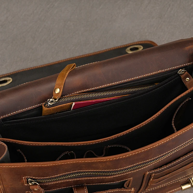 Luxury Fashion 100% Genuine Leather Men Briefcase Cow Leather Laptop Bag Vintage Shoulder Bag Real Cowhide Computer Bag 15.6"