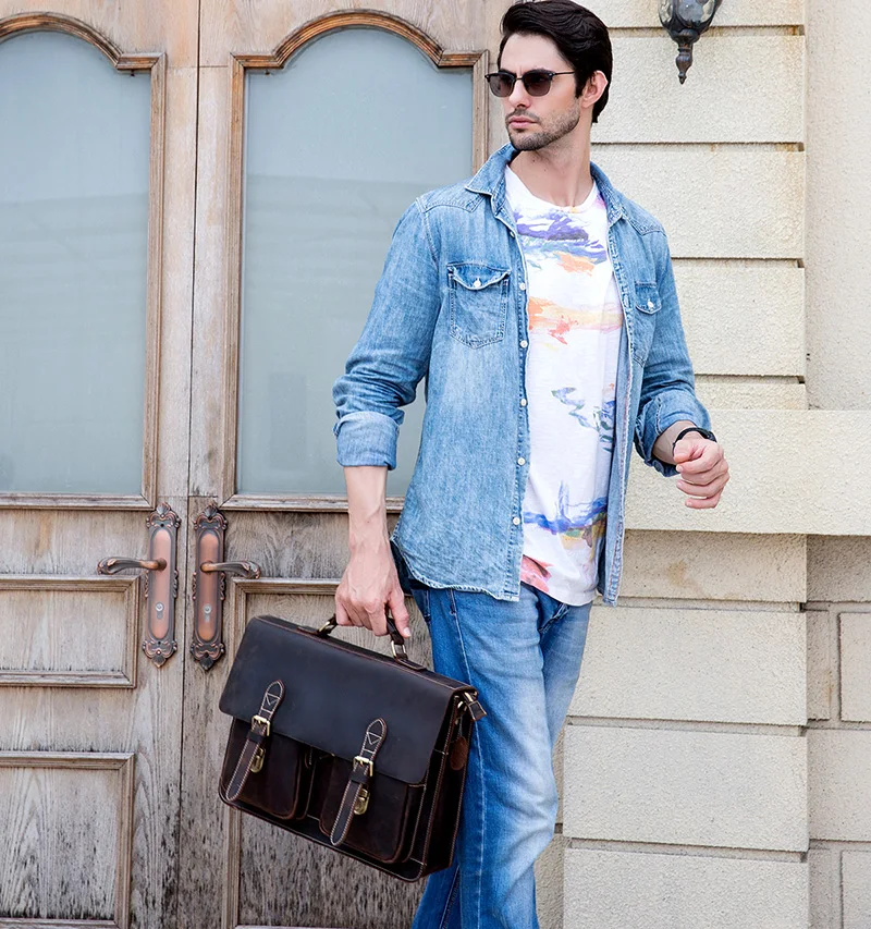Luxury Fashion 100% Genuine Leather Men Briefcase Cow Leather Laptop Bag Vintage Shoulder Bag Real Cowhide Computer Bag 15.6"