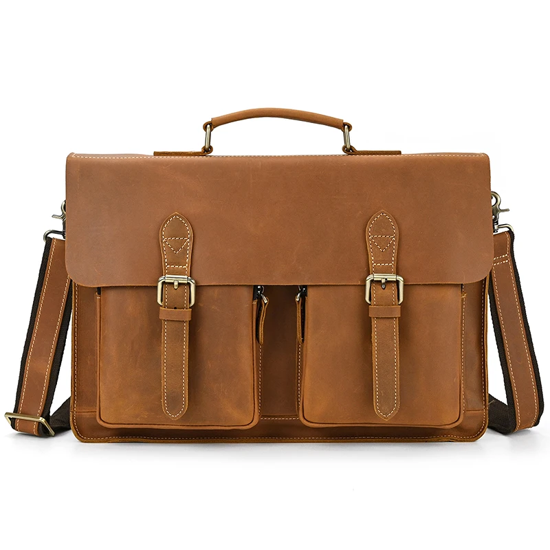 Luxury Fashion 100% Genuine Leather Men Briefcase Cow Leather Laptop Bag Vintage Shoulder Bag Real Cowhide Computer Bag 15.6"