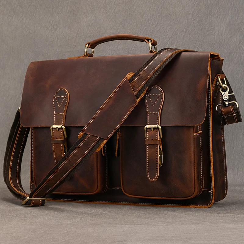 Luxury Fashion 100% Genuine Leather Men Briefcase Cow Leather Laptop Bag Vintage Shoulder Bag Real Cowhide Computer Bag 15.6"