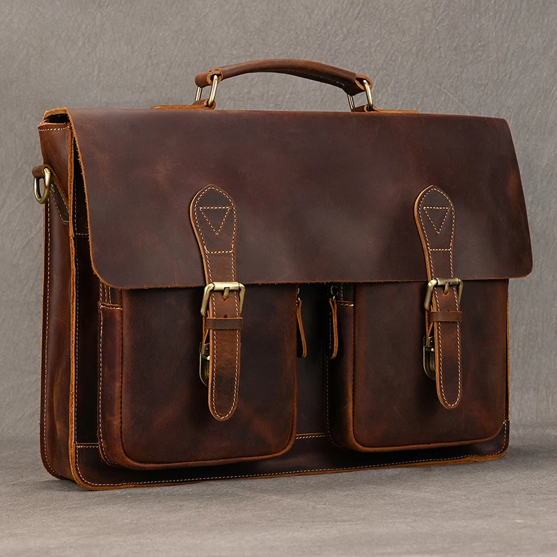 Luxury Fashion 100% Genuine Leather Men Briefcase Cow Leather Laptop Bag Vintage Shoulder Bag Real Cowhide Computer Bag 15.6"