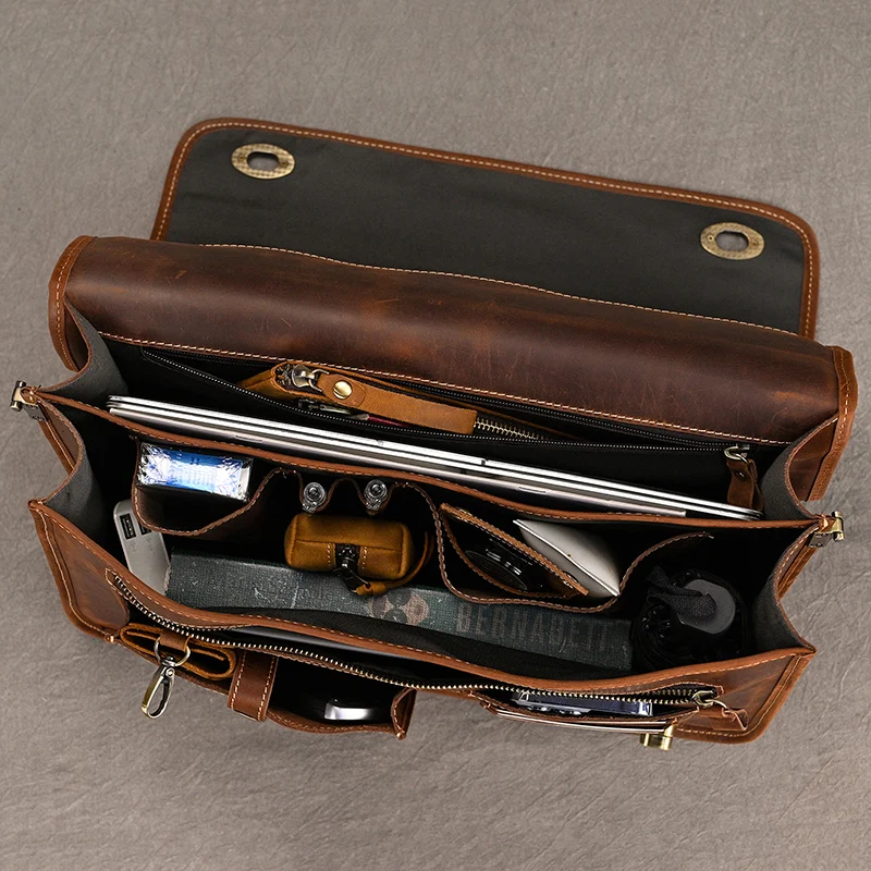 Luxury Fashion 100% Genuine Leather Men Briefcase Cow Leather Laptop Bag Vintage Shoulder Bag Real Cowhide Computer Bag 15.6"