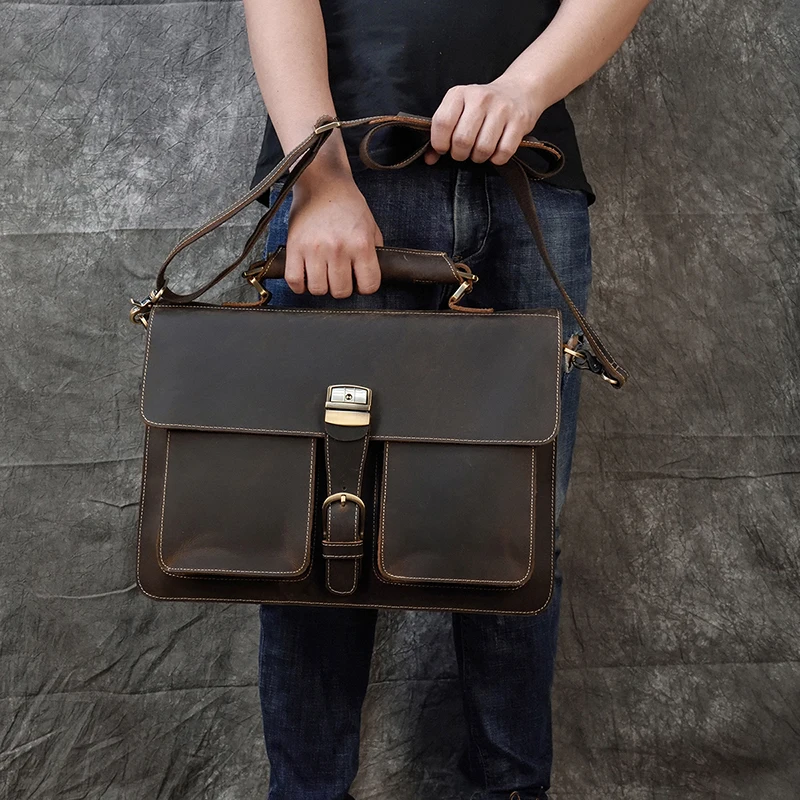 Luxury Fashion 100% Genuine Leather Men Briefcase Cow Leather Laptop Bag Vintage Shoulder Bag Real Cowhide Computer Bag 15.6"