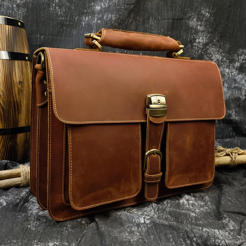 Luxury Fashion 100% Genuine Leather Men Briefcase Cow Leather Laptop Bag Vintage Shoulder Bag Real Cowhide Computer Bag 15.6"