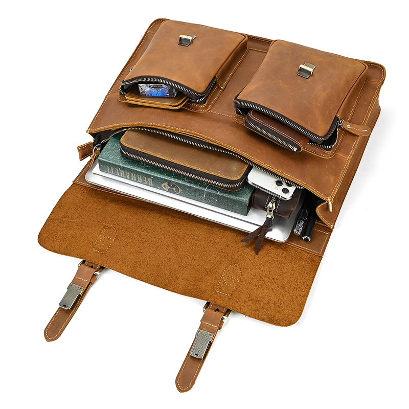 Luxury Fashion 100% Genuine Leather Men Briefcase Cow Leather Laptop Bag Vintage Shoulder Bag Real Cowhide Computer Bag 15.6"