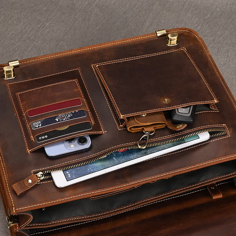 Luxury Fashion 100% Genuine Leather Men Briefcase Cow Leather Laptop Bag Vintage Shoulder Bag Real Cowhide Computer Bag 15.6"