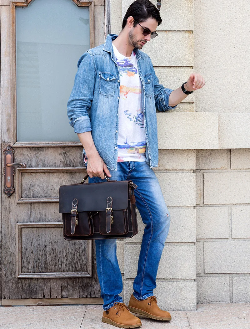 Luxury Fashion 100% Genuine Leather Men Briefcase Cow Leather Laptop Bag Vintage Shoulder Bag Real Cowhide Computer Bag 15.6"