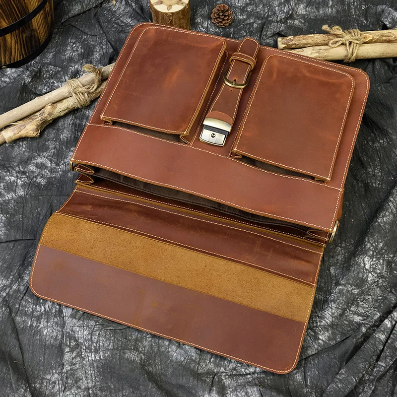 Luxury Fashion 100% Genuine Leather Men Briefcase Cow Leather Laptop Bag Vintage Shoulder Bag Real Cowhide Computer Bag 15.6"