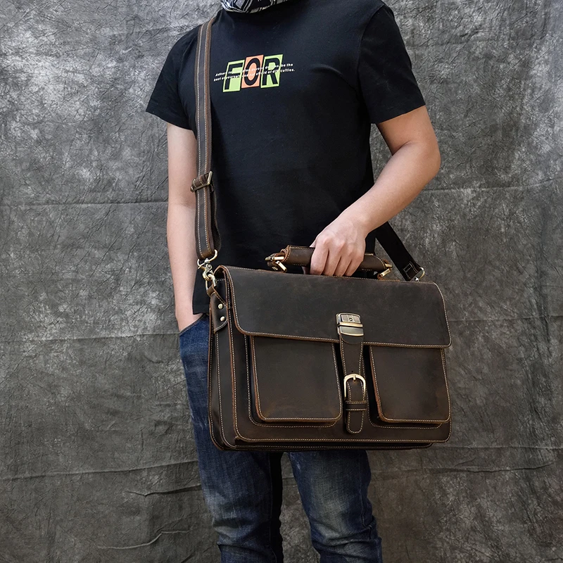 Luxury Fashion 100% Genuine Leather Men Briefcase Cow Leather Laptop Bag Vintage Shoulder Bag Real Cowhide Computer Bag 15.6"