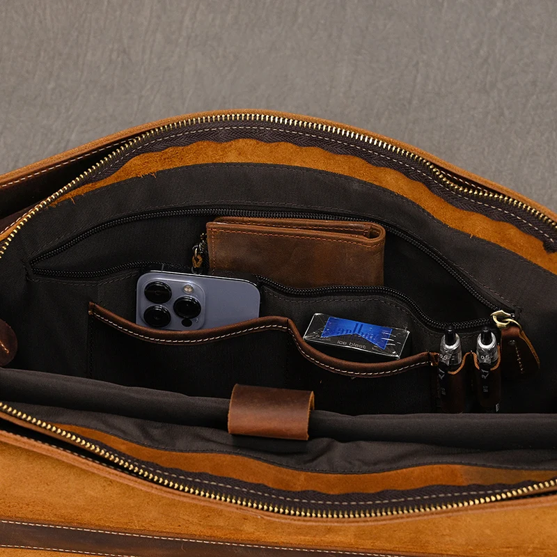 Luxury Fashion 100% Genuine Leather Men Briefcase Cow Leather Laptop Bag Vintage Shoulder Bag Real Cowhide Computer Bag 15.6"