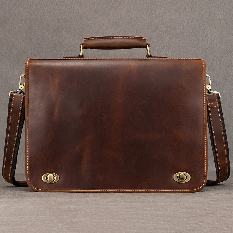 Luxury Fashion 100% Genuine Leather Men Briefcase Cow Leather Laptop Bag Vintage Shoulder Bag Real Cowhide Computer Bag 15.6"