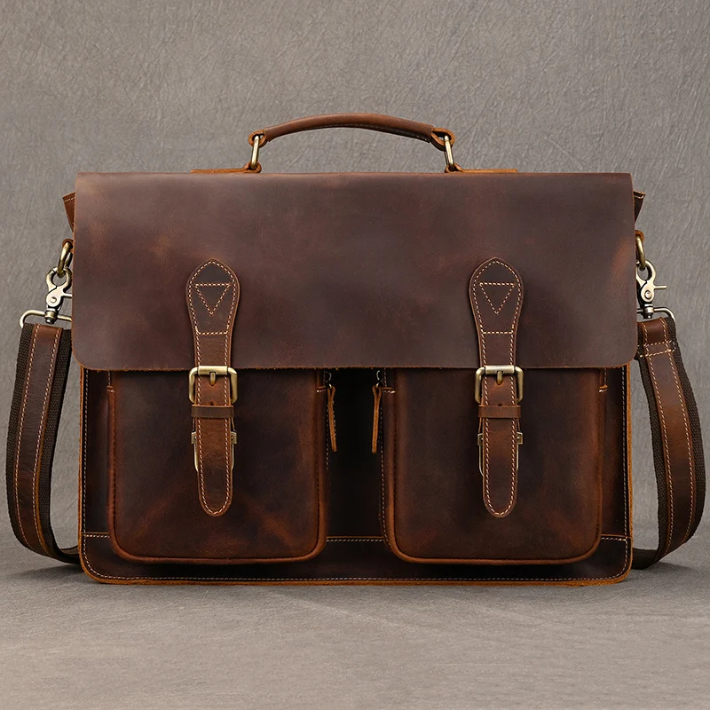 Luxury Fashion 100% Genuine Leather Men Briefcase Cow Leather Laptop Bag Vintage Shoulder Bag Real Cowhide Computer Bag 15.6"