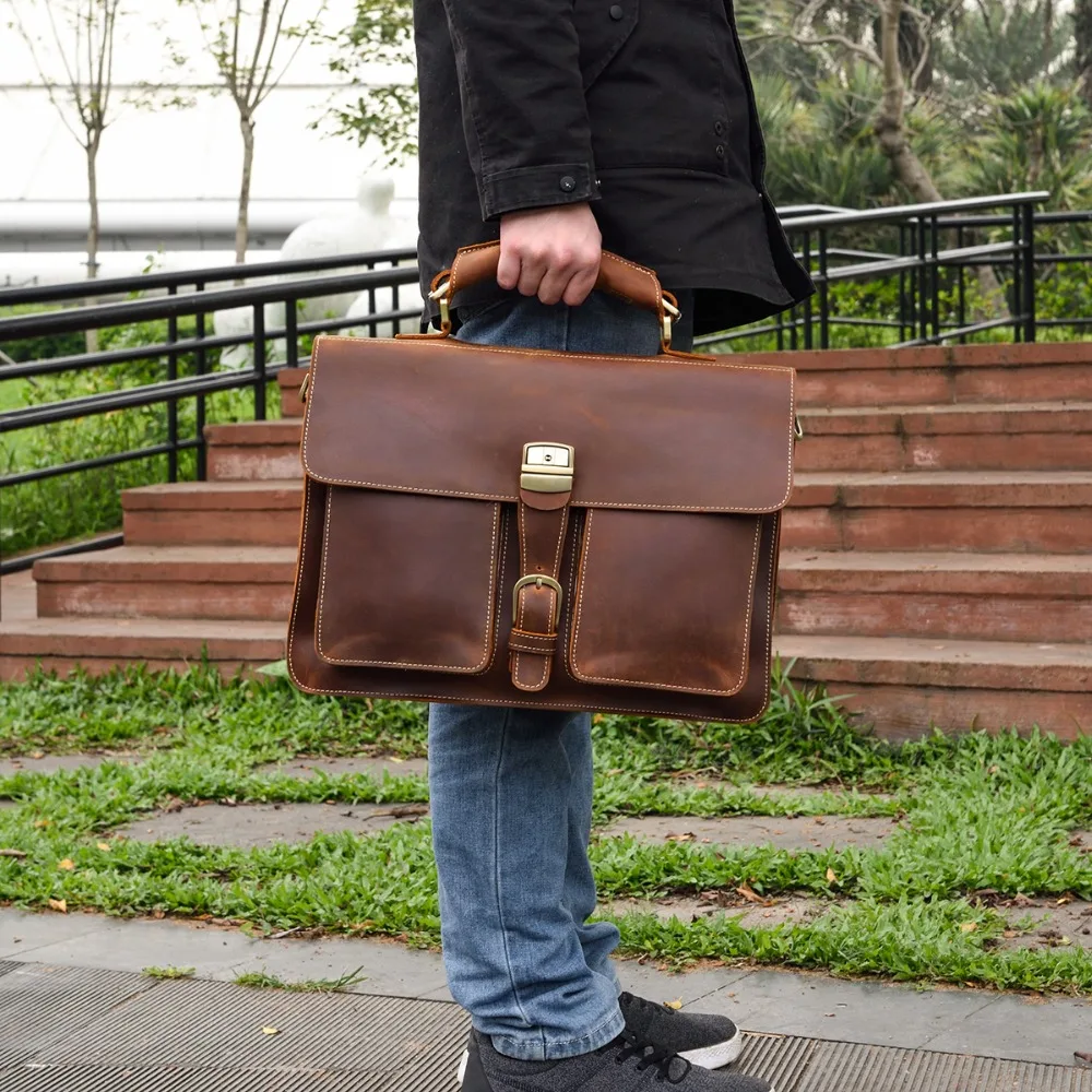 Luxury Fashion 100% Genuine Leather Men Briefcase Cow Leather Laptop Bag Vintage Shoulder Bag Real Cowhide Computer Bag 15.6"