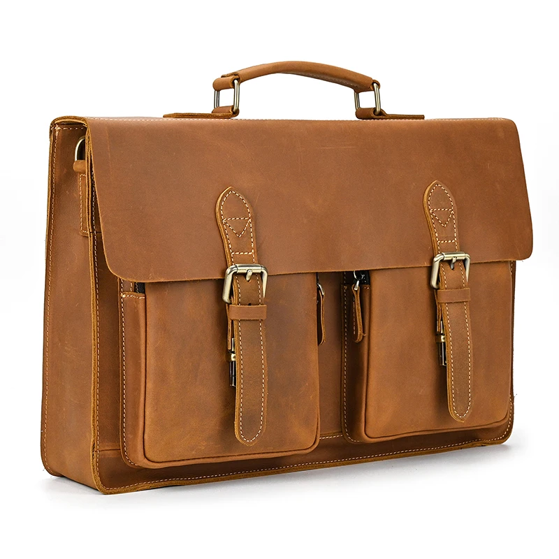 Luxury Fashion 100% Genuine Leather Men Briefcase Cow Leather Laptop Bag Vintage Shoulder Bag Real Cowhide Computer Bag 15.6"