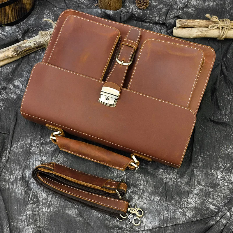 Luxury Fashion 100% Genuine Leather Men Briefcase Cow Leather Laptop Bag Vintage Shoulder Bag Real Cowhide Computer Bag 15.6"